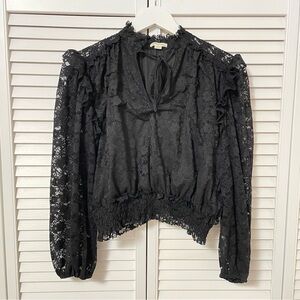 Black Lace Top Blouse Ultra Pink Ruffle Long Sleeve Festival Whimsigoth Pirate